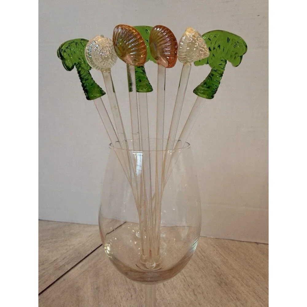 Hand-Blown Glass, Plastic Swizzle Sticks Tropical Tiki Palm Tree Shell Stirrer 7